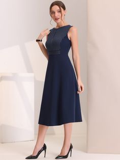 Shop Allegra K for striped crew neck sleeveless a-line midi work office dress you are looking for, get more women's dresses for yourself. Order now! Free Returns! Coffee Shop Office, Dress Dark Blue, Office Dress, Dress Simple, Social Activities, Work Dress, Shop Office, Office Dresses, Business Meeting