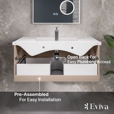 a bathroom sink with an open back for easy plumbing access and instructions to install the faucet