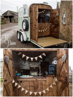 an old trailer converted into a bar with bunting flags on the outside and inside