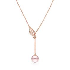 44815 - 14K Rose Gold - Pink Freshwater Pearl Maile Leaf Lariat Elegant Rose Gold Drop Necklace For Formal Occasions, Elegant Rose Gold Lariat Necklace, Elegant Rose Gold Long Drop Necklace, Elegant Long Drop Rose Gold Necklace, Elegant Rose Gold Lariat Drop Necklace, Rose Gold Lariat Necklace For Formal Occasions, Formal Rose Gold Lariat Necklace, Freshwater Pearl Jewelry, Ring Watch