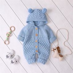 Baby Knitted Solid Long Sleeve Sweaters Hooded Romper - PrettyKid Knitted Jumpsuit, Aged Clothing, Winter Flats, Baby Overall, Padded Hangers, Baby Jumpsuit, Wool Balls, Knit Jumpsuit, Knitted Hood