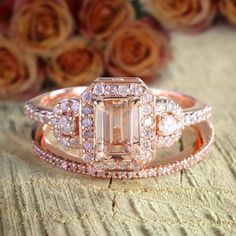 A perfect handmade Huge Sale 2.50 Carat 7x5mm Emerald Cut Morganite and Diamond Moissanite Halo Bridal Wedding Ring Set Designer Style with 18k Gold Plating in 925 Silver with Rose Gold Plating affordable morganite and moissanite Diamond Moissanite bridal ring set Halo Style. Peach Pink Morganite is true of character, the vibrant hues reminiscent of the radiant sunset.Inspired by the true harmony of love, the delicate design of the Engagement Ring in 925 Silver with Rose Gold Plating has been en Radiant Cut Topaz Ring For Wedding, Radiant Cut Morganite Wedding Jewelry, Morganite Radiant Cut Jewelry For Anniversary, Gia Certified Morganite Jewelry For Anniversary, Rose Gold Gia Certified Wedding Jewelry, Rose Gold Gia Certified Jewelry For Wedding, Wedding Baguette Cut Topaz Ring With Accent Stones, Morganite Baguette Cut Jewelry For Anniversary, Baguette Cut Morganite Jewelry For Anniversary