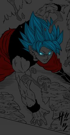 a drawing of gohan with blue eyes and a red cape on his head, in front of a black background