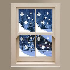 a window with snowflakes on it and the reflection of a cabin in the window