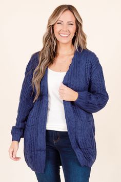 Chic Soul plus size clothing, navy blue cardigan with cozy textured material and oversized pockets on the bottoms of sweater Trendy Navy Sweater For Fall, Navy Knitted Sweater For Fall, Trendy Navy Sweater For Winter, Navy Knit Winter Outerwear, Navy Textured Knit Sweater For Fall, Navy Knit Outerwear For Winter, Navy Long Sleeve Winter Cardigan, Casual Navy Cardigan For Fall, Cozy Blue Cable Knit Cardigan