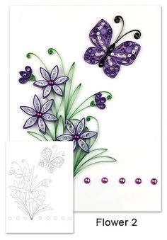 two cards with purple flowers and butterflies on them, one is in the shape of a butterfly