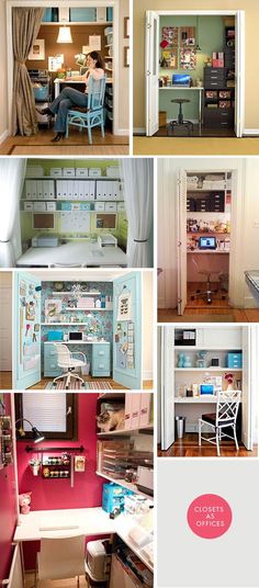 there are many pictures of different rooms in the house and one has a desk, chair, bookshelf