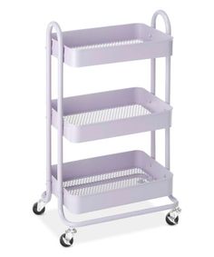 a three tiered shelf with wheels on it