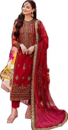 Traditional Red Dresses For Eid, Red Traditional Dress For Eid, Unstitched Red Georgette Salwar Kameez, Red Floor-length Dresses For Eid, Floor-length Red Dress For Eid, Red Georgette Salwar Kameez For Eid, Red Georgette Dress For Eid, Red Wedding Dress For Eid, Red Dress For Wedding And Eid Celebration