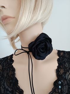 "Romantic Black Satin Rose Flower, Chain Necklace Adjustable Bowknot Rope, Choker Jewelry Accessories Rose Flower Choker Necklace, Rose Necklace, Flower Necklace,  Adjustable Handmade Necklace, Handmade Floral Choker Add a touch of vintage romance to your wedding day with this elegant choker. The rosette necklace will be the perfect accessory for you. You may use it in your hair, on your wrist, and as a necklace.  It doesn't have a clasp so it's freely adjustable to your neck size. You can tie i Elegant Party Necklace With Flower Decoration, Adjustable Flower Necklace For Party, Handmade Flower Necklaces For Party, Elegant Flower Choker For Party, Party Necklaces With Handmade Flowers, Elegant Party Choker For Valentine's Day, Flower-shaped Rose Design Necklace For Party, Rose Design Necklace For Party, Adjustable Flower Necklace For Wedding