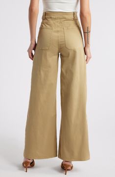 Front patch pockets bring a hint of utilitarian style to these high-waist pants crafted in a contemporary wide-leg silhouette. 32" inseam; 24" leg opening; 10 3/4" front rise Zip fly with button closure Front patch pockets 98% cotton, 2% elastane Machine wash, dry flat Imported Khaki Wide Leg Utility Pants, Khaki Wide Leg Relaxed Fit Jeans, Utility Wide Leg High-waisted Pants With Side Pockets, Spring Utility Wide Leg Pants, Modern Wide Leg Pants With Welt Pockets, Khaki Utility Wide Leg Pants With Side Pockets, Utility Wide Leg Work Pants With Side Pockets, Spring Wide Leg Utility Pants, Relaxed Fit Wide Leg Work Pants With Belt Loops