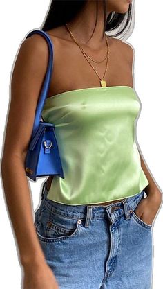 Green Backless Crop Top, Y2k Style Summer Club Tube Top, Y2k Style Summer Tube Top For Club, Y2k Style Tube Top For Summer Clubbing, Green Strapless Tank Top For Party, Summer Green Satin Camisole, Green Satin Camisole For Summer, Green Backless Tank Top For Party, Trendy Green Camisole For Parties