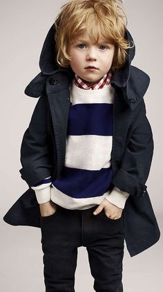 skinny jeans, striped sweater with a plaid shirt under. coat Toddler Boy Fashion, Burberry Kids, Baby Boy Fashion, Stylish Kids, Fashion Kids, Toddler Fashion, Childrens Fashion, Canada Goose