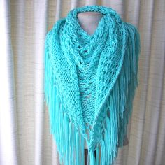 Hand Knit USA: Shawl Triangle Scarf in SOFT 100% Acrylic yarn. Lovely Bright color of BLUE Mint! WOW! ~ ELEGANT ~ WARM ~ BEAUTIFUL ~ ROMANTIC ~ Will make a Great present! This scarf / shawl has it all: * Great for accessorizing any outfit making you look elegant, chic, boho, trendy, urban ... * Versatile style and very comfortable to wear for Any Season! Wear it around your neck as a scarf or shawl or waist at the beach the choice is yours! * Only The Best quality yarn was used for this creation Blue Crochet Yarn Shawl, Blue Crochet Shawl One Size, Blue Crochet Knit Knitting Pattern, Hand Knitted Blue Shawl One Size, Hand Knit Shawl, Fringe Shawl, Bridal Shawl, Triangle Scarf, Blue Sea Glass