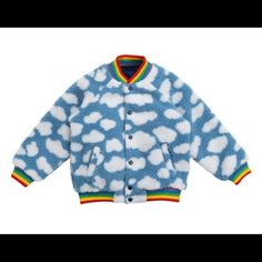 Stella McCartney | Jackets & Coats | Nwt Stella Mccartney Cloud Fleece Bomber Jacket | Poshmark Embroidered Sun, Reversible Jacket, Stella Mccartney Kids, Rainbow Stripes, Raglan Sleeve, Stella Mccartney, Kids Fashion, Bomber Jacket, Jackets & Coats