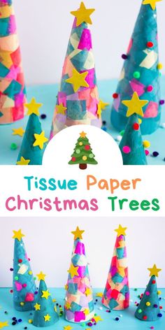 tissue paper christmas trees with stars and confetti on the top, in different colors