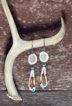 Cute, lightweight double loop antler earrings with white seed beads! Handmade Rustic White Jewelry, White Rustic Handmade Jewelry, Rustic Handmade White Jewelry, Rustic White Handmade Jewelry, Antler Earrings, White Deer, Loop Earrings, Deer Antler, Deer Antlers