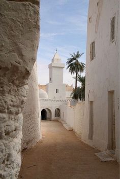 an alley way between two white buildings with palm trees in the background