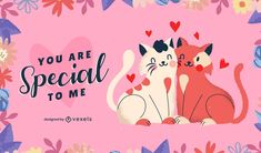 two cats sitting next to each other on a pink background with hearts and flowers around them