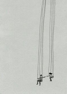 two people hanging from strings in the sky with one person holding on to another man