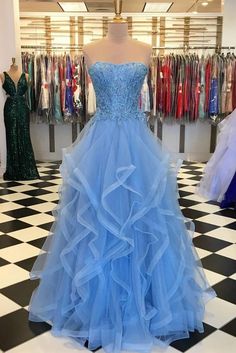 Ball Gown Blue, Gown Blue, Lace Ball Gowns, Corset Dress Prom, Lace Formal Dress, Blue Evening Dresses, Blue Tulle, Lace Strapless, Long Prom Dresses