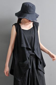 #vest #waistcoat #cottonlinen #black Black Cotton Beach Vest, Black Sleeveless Blouse Vest For Layering, Black Sleeveless Summer Vest, Black Sleeveless Vest For Spring, Black Denim Vest For Spring, Black Vest For Beach In Summer, Summer Workwear Tank Top With Pockets, Black Casual Summer Vest, Casual Black Vest For Vacation