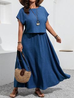 Plus Size Solid Color Crew Neck Batwing Sleeve Casual Top And Pocket Decoration Skirt 2pcs Set Blue Casual  Short Sleeve Woven Fabric Plain  Non-Stretch  Women Plus Clothing, size features are:Bust: ,Length: ,Sleeve Length: Casual Two-piece Set Dresses For Vacation, Casual Solid Two-piece Skirt, Casual Summer Skirt With Fake Two-piece Detail, Casual Fake Two-piece Skirt For Summer, Casual Fake Two-piece Mini Skirt, Hiking Accessories, Portable Bag, Cherry Print, Elegant Dresses Long