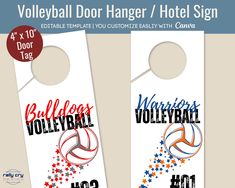 two door hangers with volleyball designs on them