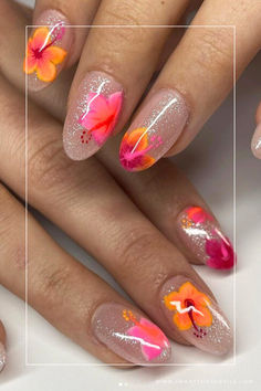 Hibiscus Nails Tropical Flowers Nails, Salmon Nails, Hibiscus Nail Art, Balyage Long Hair, White French Nails, 2025 Goals