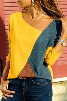 Geometric Colourblock Top - Daisy Store Ținută Casual, Basic Long Sleeve, Basic Tops, Fashion Colours, Long Sleeve Casual, Casual T Shirts, Look Fashion, Long Tops, T Shirt Top