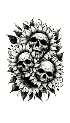 three skulls with sunflowers on their heads are shown in this black and white tattoo design