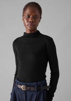 Aster Wool Lyocell High Neck Tee | Black | TOAST Black High Neck Knit Top For Layering, Wool High Neck Top With Ribbed Collar, Black High Neck Ribbed Turtleneck, Black Knitted High Neck Turtleneck, Black High Neck Cashmere Top, Linen Tableware, Striped Jersey, Women Nightwear, Mens Loungewear