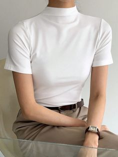 Women's Plain Short Sleeve Stand Collar T-Shirt White Casual  Short Sleeve Fabric Plain  Slight Stretch  Women Clothing, size features are:Bust: ,Length: ,Sleeve Length: Short Sleeve White Shirts, White Outfits For Women Casual Simple, Business Casual Shirts Women, White T Shirt Styling, White Tops For Women Classy, White Top Outfit Classy, Basic Shirts Women, Trendy Tops For Women Casual, White T Shirts For Women