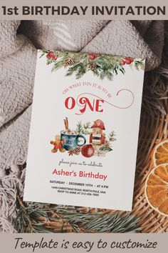 Celebrate your little one's special milestone with this adorable winter-themed 1st Birthday invitation! Featuring a festive design complete with holiday elements like pinecones, gingerbread cookies, and a warm cup of cocoa, this invite sets the perfect tone for a cozy and fun December birthday party. The cheerful text, "Oh What Fun It Is To Be ONE," is a playful nod to the joy of the season and the excitement of your child’s first birthday. Personalize the details easily to make it your own. 1st Birthday Party Winter Ideas, 1st Christmas Birthday Party Ideas, Christmas First Birthday Cookies, Christmas Theme First Birthday, December First Birthday, December Baby Birthday, First Birthday Christmas Theme, December Birthday Party, First Birthday Christmas