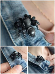 three pictures of the inside of a pair of blue jeans with black beads on them