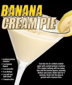 banana cream pie in a martini glass with a spoon sticking out of the top and an advertisement about it