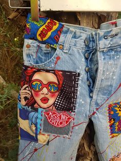 "Ready to send:Size-26,27,28,29,30,30,31,32,34,36 unique vintage jeans One of a kind.. Hand made embroidery and unique patches. ---Or---- Made to order, in any size, within 14 working days . If you need different size, please send me a message and I will make you a special and unique design within 14 working days. They are all different! No one will have the same one as you have! Hand painted, one of kind jeans. You pick your size, model (slim- boyfriend- high waist- low waist) and primer color Retro Cotton Jeans With Graphic Print, Retro Cotton Jeans With Buttons, Retro Medium Wash Jeans With Buttons, Multicolor Patched Cotton Jeans, Retro Cotton Jeans With Button Closure, Retro Cotton Patchwork Jeans, Retro Patchwork Cotton Jeans, Retro Jeans With Graphic Print For Spring, Multicolor Graphic Print Denim Bottoms