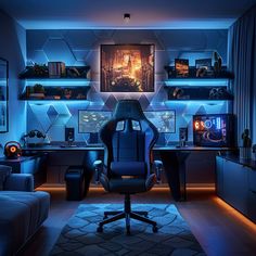 a gaming room with a chair and desk in front of the computer monitor on the wall