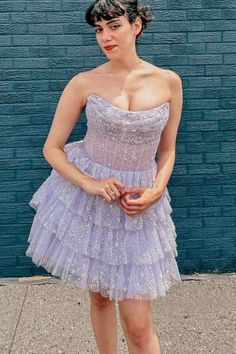 Glitter Lavender Strapless Short Homecoming Dress with Beads Lilac Homecoming Dress, Lavender Homecoming Dress, Maroon Prom, Pink Tulle Prom Dress, Maroon Prom Dress, Prom Dress Short Lace, Red Mermaid Prom Dress, Dress With Beads, Tiered Tulle Skirt