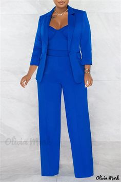 OliviaMark - Elegantes zweiteiliges Set mit Umlegekragen und langen Ärmeln - perfekt für Freizeitkleidung Suit Shirt, Wide Leg Jumpsuit, Lapel Collar, Two Pieces, Sleeve Styles, Royal Blue, Pants Set, Hoodie Shirt, Casual Wear