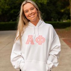 Custom Stitched Alpha Phi Sorority Greek Letter Hoodie Sweatshirt White Hoodie For College In Fall, White Hoodie For College In Spring, Pre-shrunk White Casual Hoodie, White Collegiate Hoodie For Fall, Collegiate White Hoodie For Fall, College Spring Hoodie Sweatshirt, Fall School Hoodie With Letter Print, Spring Cotton Sweatshirt With School Spirit, White Hoodie For College School Spirit