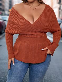 Redwood Casual Collar Long Sleeve Knitwear Plain Pullovers Embellished Medium Stretch  Women Plus Clothing Brown V-neck Tops For Fall, Brown V-neck Sweater, Brown V-neck Knit Top For Winter, Orange V-neck Sweater For Fall, Country Tops, Color Caoba, Brown Autumn, Color Caramelo, Plus Size Sweaters