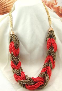 30"  22Rows Charm Red Color Seed Glass Beads Brown Seed glass beads Gold Chain  Hand Weaving Twisted Gift Red Handwoven Beaded Necklaces, Multi-strand Beaded Chain Necklace Gift, Handmade Red Beaded Lariat Necklace, Red Handwoven Necklace For Gift, Red Handwoven Beads For Jewelry Making, Handmade Red Beads For Costume Jewelry, Bohemian Gold Beads Chain Necklace As Gift, Red Braided Jewelry As A Gift, Handmade Red Costume Jewelry Beads