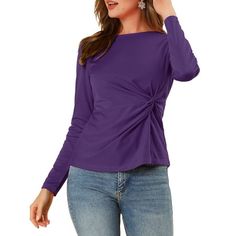 This minimalist design with a twisted waist sets this top apart from the rest. This blouse adopts a twist knotted design at the waist, with solid color, bringing different visual effects for you. Model is wearing in size XS.(Height: 5'10", Chest: 30 6/8", Waist: 22 7/8", Hip: 35 3/8", Shoulder Length: 15 6/8", Weight: 111 lbs) Size--Chest Girth--Waist Girth--Shoulder Width--Sleeve Length XS----31 7/8-----27 1/8------13 7/8-----23 2/8 S------33 7/8-----29 1/8------14 3/8-----23 5/8 M-----35 7/8-- Casual Long Sleeve Twist Front Tops, Casual Long Sleeve Tops With Twist Front, Fitted Solid Color Top With Twist Front, Fitted Twist Front Top, Front Twist Top, Purple Outfits, Twist Top, Twist Knot, Womens Tie