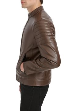 Ride off into the sunset in this sleek moto jacket expertly crafted from faux leather. 26 1/2" length Front zip closure Band collar Front zip pockets Lined 100% rayon with 100% polyurethane coating Spot clean Imported Fitted Moto Leather Jacket With Zipper Closure, Leather Jacket With Zipper Closure For Fall, Leather Jacket With Zipper For Fall, Fitted Faux Leather Moto Outerwear, Fitted Moto Outerwear In Faux Leather, Fitted Faux Leather Moto Jacket, Moto Outerwear With Zipper Closure In Faux Leather, Moto Faux Leather Outerwear With Zipper Closure, Spring Moto Leather Jacket