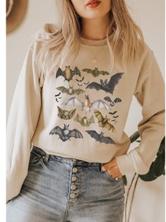 Spooky Long Sleeve Sweatshirt For Winter, Spooky Long Sleeve Tops For Fall, Themed Long Sleeve Tops With Graphic Print, Themed Long Sleeve Tops With Letter Print, Spooky Long Sleeve Sweatshirt For Fall, Novelty Long Sleeve Sweatshirt, Fall Novelty Crew Neck Tops, Bat Sweater, Night At Home