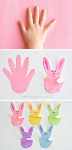 handprinted bunny and rabbit puppets made out of construction paper with the hands on each side