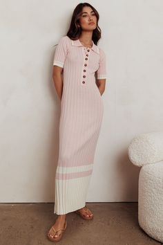 Cayla Button-Up Ribbed Knit Dress Pink by Selfie Leslie Pink Selfie, Pink Dress Shoes, Brunch Dress, Knit Maxi Dress, Chic Sandals, Ribbed Knit Fabric, Split Maxi Dress, Ribbed Knit Dress, Pink Dresses