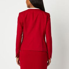 This suit jacket from Black Label by Evan-Picone swaps traditional lapels for an elegant crew neckline for a sophisticated update to classic tailoring. Made from a smooth deep crimson red fabric with white trim, this women's blazer has an open front, long sleeves with slits at the cuffs, and side slip pockets. Layer over the coordinating dress and heels or jeans.Front Style: Single BreastedFeatures: PipedClosure Type: Open FrontFit: Classic FitPockets: 2 Front Slip PocketsSleeve Length: Long SleeveSleeve Style: Vent SleeveApparel Length: 23 InchesFiber Content: 100% PolyesterFabric Description: MelangeLining: LinedLining Material: PolyesterCare: Dry Clean OnlyCountry of Origin: Imported Classic Tailoring, Crimson Red, White Trim, Red Fabric, Dress And Heels, Suit Jackets, Black Label, Front Open, Crew Neckline