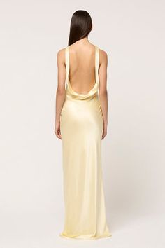 DRAPE FRONT MAXI DRESS - PALE YELLOW - MICHAEL LO SORDO Formal Pre-draped Maxi Dress With Cowl Back, Pre-draped Bias Cut Maxi Gown, Pre-draped Cowl Back Maxi Dress For Evening, Formal Spring Maxi Dress With Cowl Back, Chic Gala Maxi Dress With Cowl Back, Formal Draped Maxi Dress With Bias Cut, Formal Cowl Back Maxi Dress For Spring, Chic Maxi Dress With Cowl Back For Gala, Chic Cowl Back Maxi Dress For Gala